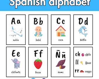 Spanish alphabet Poster,Ch,Ll, Rr, Montessori Spanish Language Tool, Abecedario español, ABC phonetic, Spanish Classroom, Aprende, Bilingual