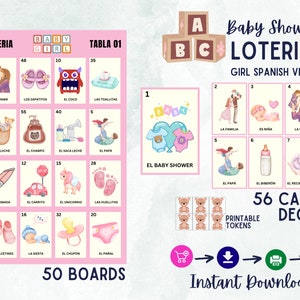 Baby Shower Loteria, 50 unique boards and 56 custom calling cards, Instant Printable Download, Gender reveal, Mexican, Baby Girl bingo, pdf