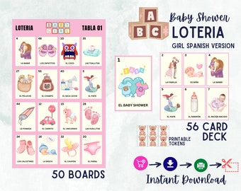 Baby Shower Loteria, 50 unieke borden en 56 aangepaste telefoonkaarten, Instant Printable Download, Gender reveal, Mexicaans, Baby Girl bingo, pdf