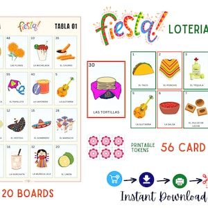 FIESTA Loteria MEXICANA en español, 15 de septiembre, cinco de mayo, Loteria Mexicana, dia de la independencia, bingo PDF, tacos de archivo digital