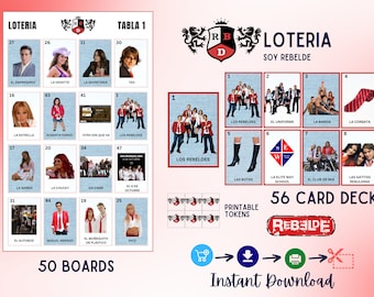 Rebelde Loteria, RBD Rebelde Bingo, RBD Tour, 50 tablas, Rbd Party, bingo espanhol, PDF, arquivo digital, soy rebelde, Fiesta de rebelde