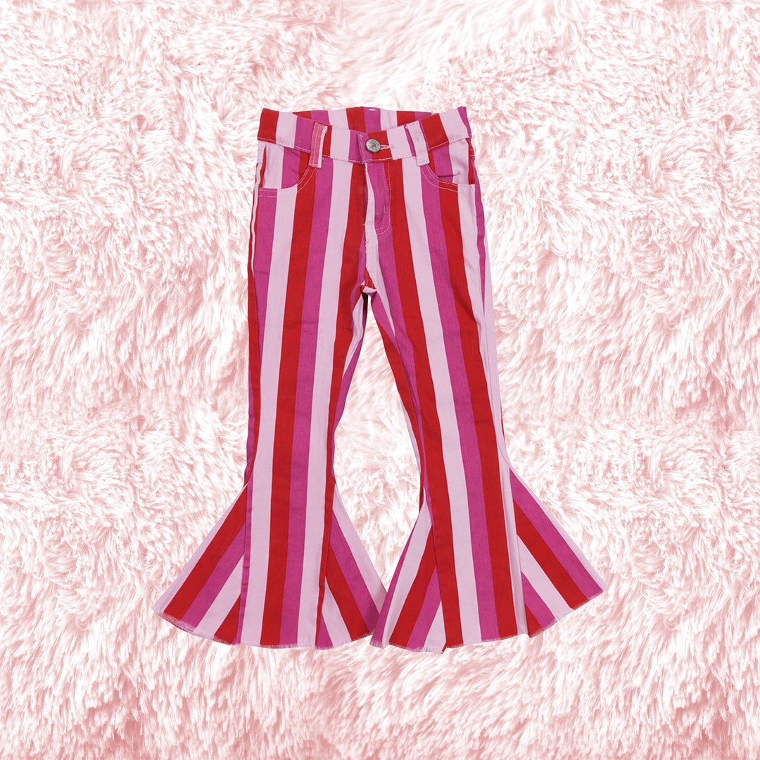 Pink Stripe Bell Bottom Jeans,toddler Girl Denim Bell Bottom,western