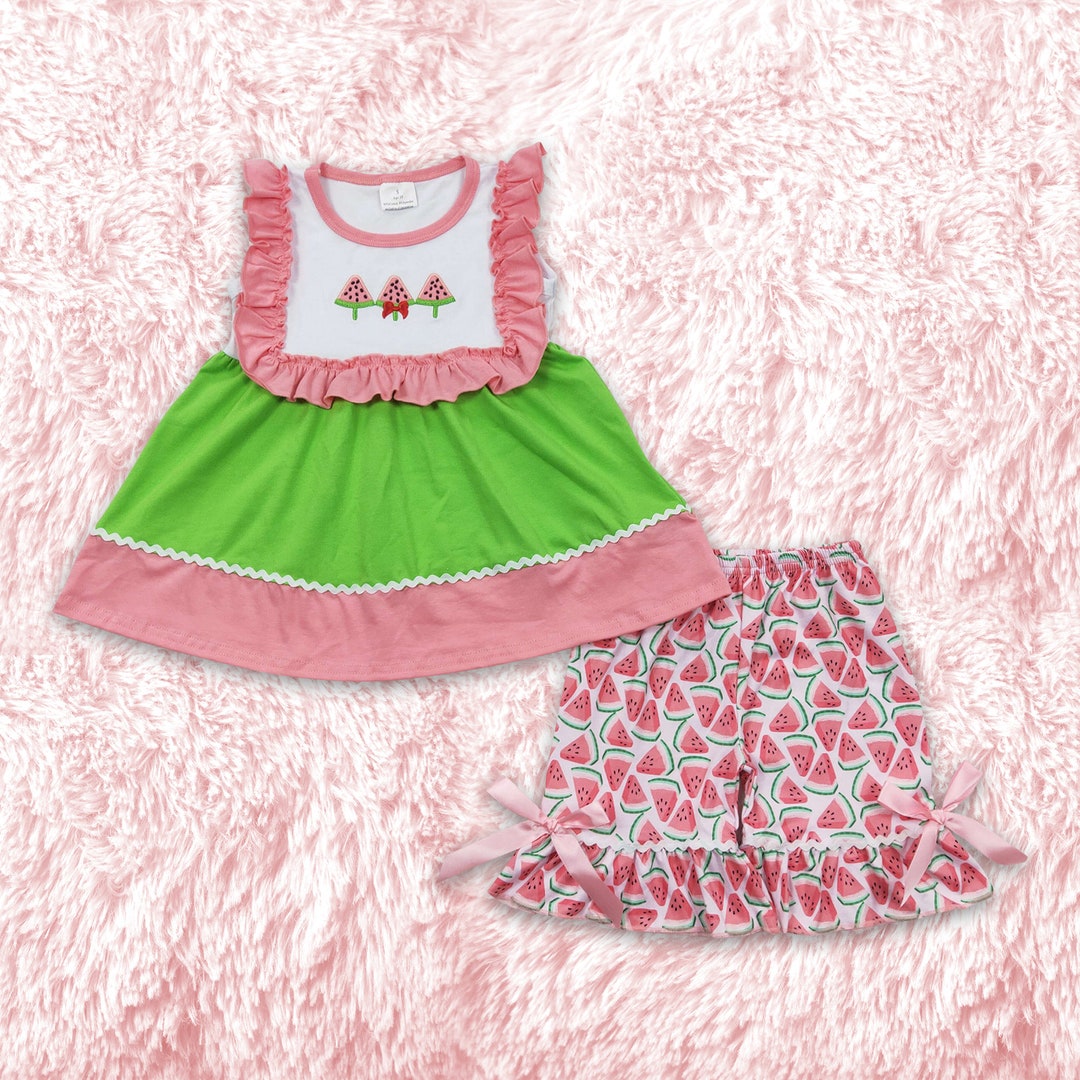 Toddler Girl Summer Outfit,girl Watermelon Outfit,,girl Summer Shorts Set,watermelon Embroidery