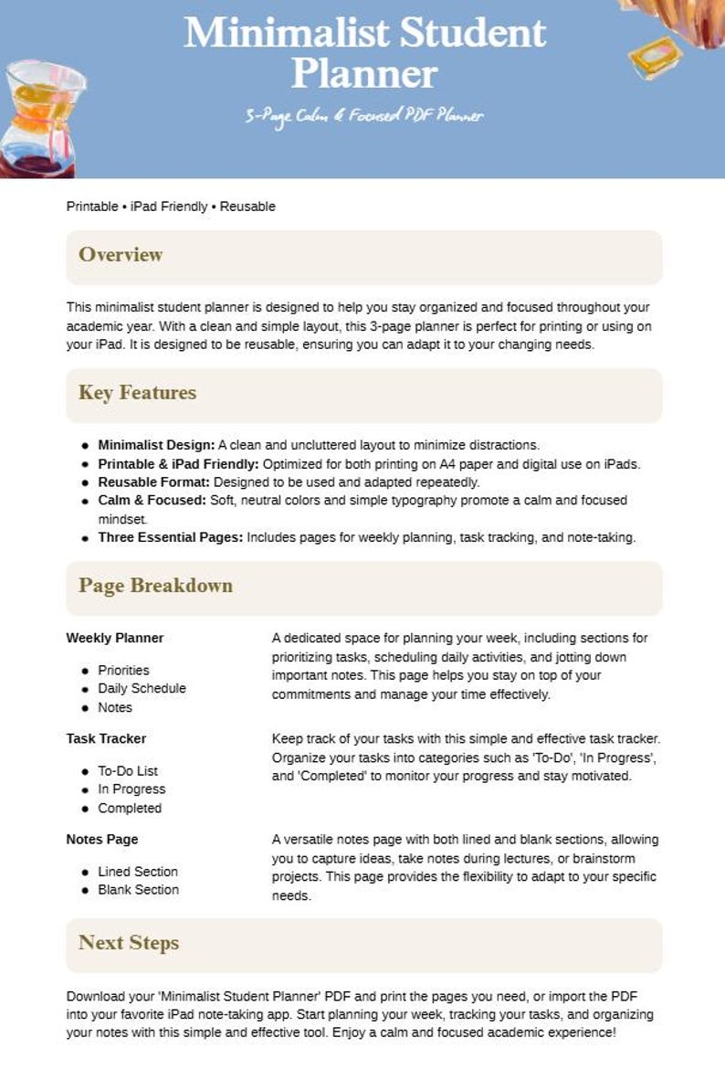 Buy Minimalist Student Planner PDF | 3-page Uni Study Organizer With ...