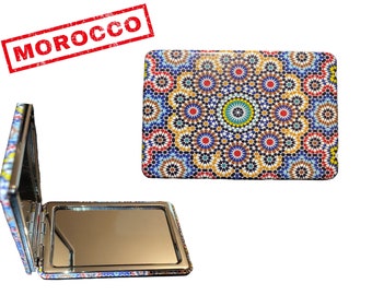 Miroir de poche géométrique marocain compact | Miroir de maquillage artisanal du Maroc , miroir à main de la forme rectangulaire  pour dames