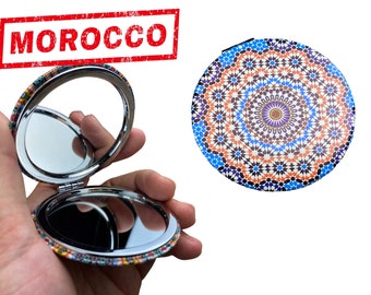 Compact Moroccan Geometric Pocket Mirror | Moroccan artisanal makeup mirror, round hand mirror, Cosmetic mirror for ladies