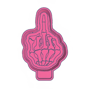 May include: A pink cookie cutter in the shape of a hand giving the middle finger, with a skeletal design. The cutter has a rectangular handle at the bottom and a layered outline.