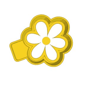 Könnte beinhalten: Ein gelber Ausstecher in Form einer Gänseblümchen-Blume mit fünf Blütenblättern. Die Mitte der Blume ist gelb und die Blütenblätter sind weiß.