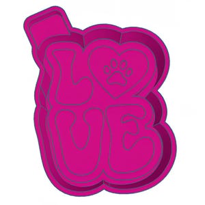 May include: A pink cookie cutter in the shape of the word "LOVE", with a heart and paw print design. The letters are in a bubble style, with a layered effect. The design is for pet lovers.