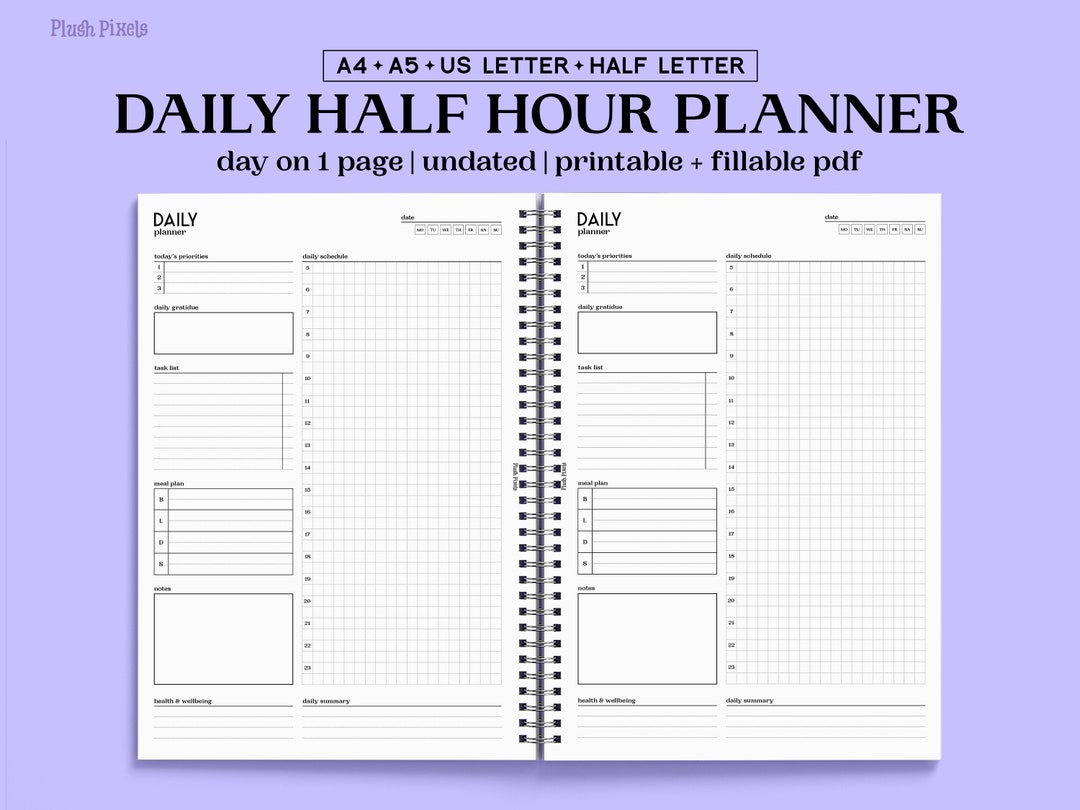 Undated Daily Planner Printable, A5, Half Letter Planner Inserts, Time ...