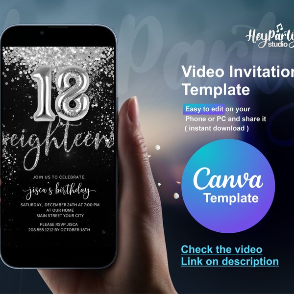 Video Sliver Glitter for 18th Birthday Invitation, Eighteen Invite, E Invite, Digital 18th Invitation, Editable Template | HPI046