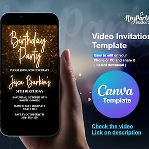 faire-part d'anniversaire numérique noir et or | Soirée élégante pour adultes Evite | Téléchargement modifiable pour la célébration du 15e, 27e ou 60e anniversaire HPI001