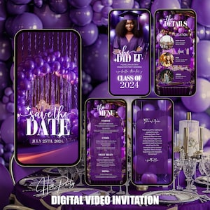 Convite Digital Roxo e Dourado para Formatura | Convite em Vídeo Animado para a Turma de 2025 | Convite de Formatura Editável para Ela GA23
