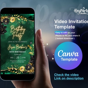 Emerald Green & Gold Video Invitation | Digital Birthday Evite with Music | Elegant Animated Canva Template for 50th, or Party | HPI125