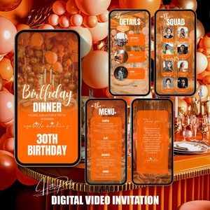 Invitation orange de dîner d'anniversaire | Invitation numérique pour adultes | Flyer modifiable pour la célébration du 30e, 37e ou 50e anniversaire DN58