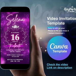 16 BIRTHDAY INVITATION VIDEO, Pink Neon Light Digital Birthday invite Template, Text Message Phone Invite, Teen Party, Girl Party | HPI021