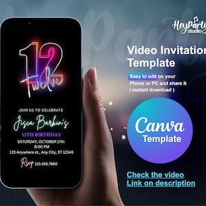 Convite de 12º aniversário para menina, convite de 12 anos, convites para 12º aniversário, luz neon, arquivo digital, download instantâneo || HPI145
