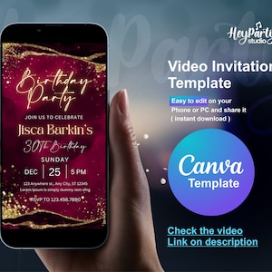 Burgundy & Gold Birthday Video Invitation | Elegant Digital Party Evite for Women | 40th 50th 60th Editable Animated Canva Template HPI032