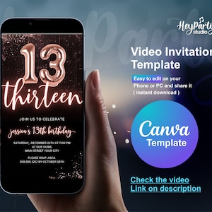 Convite animado com glitter dourado rosé para 13º aniversário, convite editável para festa de 13 anos, faça você mesmo e edite | HPI028
