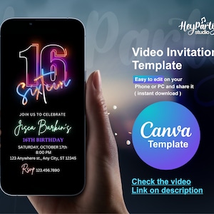 Sixteen Birthday video Invitation Girl, Sweet sixteen invitation, sweet 16 invitation digital, Neon Light, Digital invite, Download | HPI167
