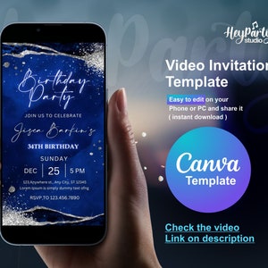 Faire-part d'anniversaire numérique bleu roi et argent pour lui | Invitation de fête d'anniversaire masculine modifiable | Modèle d'invitation d'anniversaire pour homme adulte HPI027