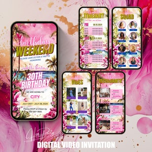 Plantilla de itinerario de viaje de cumpleaños / Itinerario de viaje digital para viajes de chicas, 40 cumpleaños o escapadas de fin de semana. Descarga Canva editable. QZ024