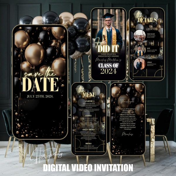 Instant access to edit Digital black and gold graduation invitation boy, Grad Announcement, and Law Graduation Invite, Grad Itinerary GA12