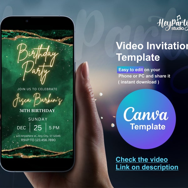 Digital Emerald Green invitation video invitation for Any Age 30th 40th 50th 60th for Woman perfect for dinner or birthday party