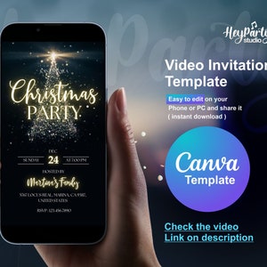 Digitale kerstfeestuitnodiging Kerstfeestvideo-uitnodiging Kerstfeestuitnodiging, Canva-sjabloon direct downloaden | HPI189