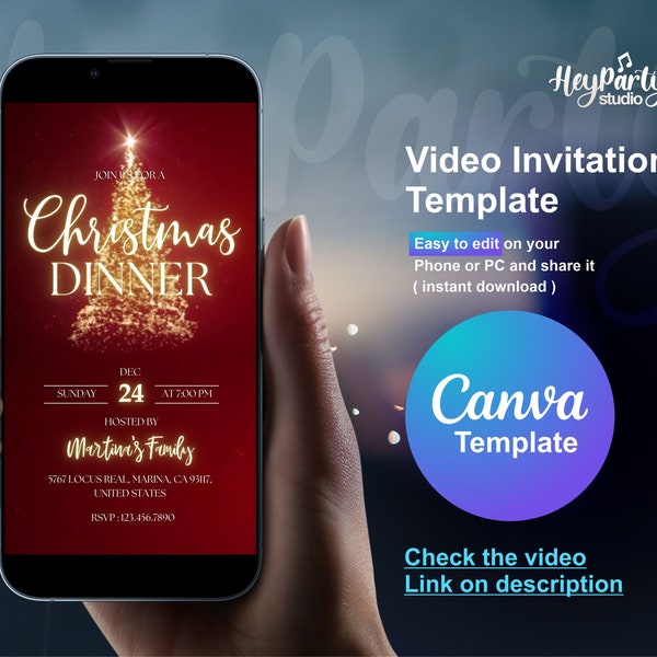 Digital Christmas Dinner Invitation Christmas Video Dinner Invitation Christmas Dinner Invite Christmas Dinner Evite Canva template | HPI218