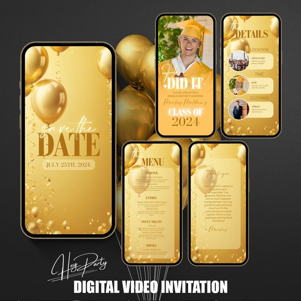 Digital Golden graduation invitation 2024 for guys, Grad Announcement, College, Nursing and Law Graduation Invite, Grad Itinerary GA08