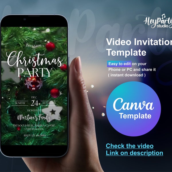 Christmas Invitation Digital, Christmas Dinner Invite, Christmas Video Invitation Christmas Party, Canva template instant download HPI191