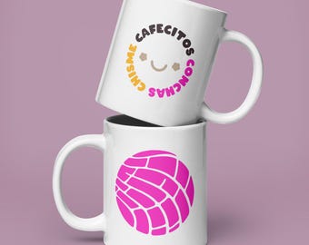 Pink Conchas Mug: Cafecitos & Chisme Latina Coffee Cup