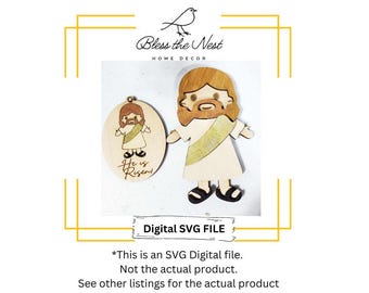 May include: Digital SVG file of a wooden cutout of Jesus with the text "He is Risen" on a round wooden cutout. The cutout is in a light brown color with a white background.