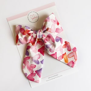 Watercolor Hearts Bow, Watercolor Hearts Long Tail Bow, Watercolor Hearts Girls Bow, Ponytail Hearts Bow, Valentines Day Bow, Valentines Bow