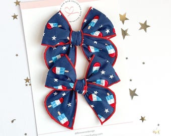 4th of July Pigtail Bow, Patriotic Hair Bow, 4th of July Girls Bow, 4th of July Cotton Bow, USA Pigtail Hair Bow, Patriotic Ice Cream Bow