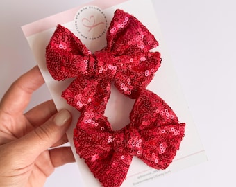 Hot Pink Sequin Bow, Sequin Pigtail Bow, Pigtail Sequin Bow For Toddler, Toddler Pigtail Bow, Sequin Hair Bow, Sequin Hair Clips, Piggy Bow