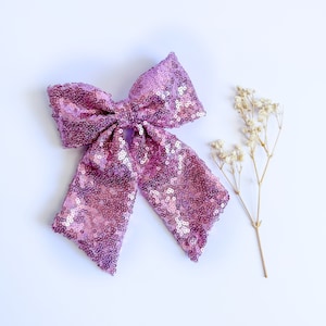 Sequin Bow, Sequin Hair Bow, Pink Sequin Hair Bow, Long Tail Hair Bow, Bows and Barrette, Bow Hair Clip, Sequin Bow Hair Clip, Long Tail Bow