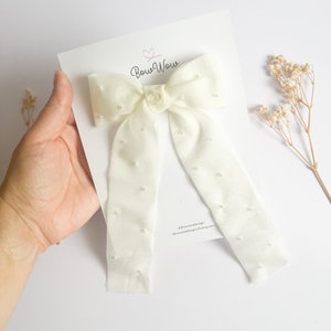 Long Tail Hair Bow, Chiffon Pearls Hair Bow, Hair Bow and Tie, Hair Bow Barrette, Long Tail Hair Bow, First Communion Accessories, Long Bow