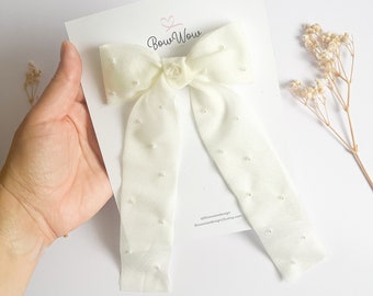 Long Tail Hair Bow, Chiffon Pearls Hair Bow, Hair Bow and Tie, Hair Bow Barrette, Long Tail Hair Bow, First Communion Accessories, Long Bow