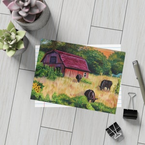 Pacote de cartões postais com envelopes - Impressão original de belas artes - "Celeiro com gado West Virginia" - 10, 30 ou 50 unidades disponíveis, 7x5