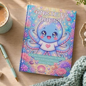 以下が含まれることがあります： Anxiety Questというタイトルのハードカバー本で、表紙には青いタコのキャラクターのカラフルでキラキラしたイラストが描かれています。テキストにはA 28-Day Gamified Planner for Anxiety Relief & Burnout Recovery Octopus Editionと書かれています。