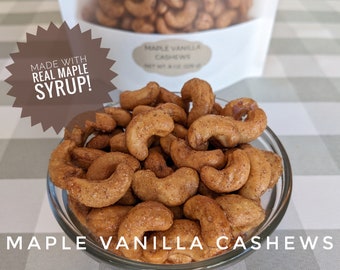 Maple Vanilla Cashews - 1/2 Pound (8 oz.) of Maple Vanilla Cashews in Resealable Bag - Candied Cashews - Candied Nuts - Nut Gift - Vegan