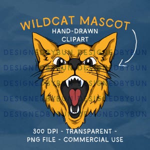Hand Drawn Wildcat Mascot Clipart for Sublimation - Digital Download PNG - Sports Team Mascot Doodle - School Spirit - Commercial Use