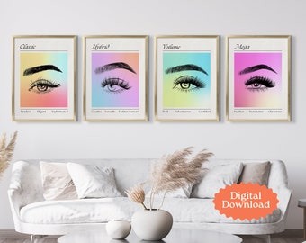 Lash Artistry Aura: *Digital* Conjunto de 4 pôsteres para extensões de cílios clássicas, híbridas, de volume e mega volume - decoração para seu Lash Studio!