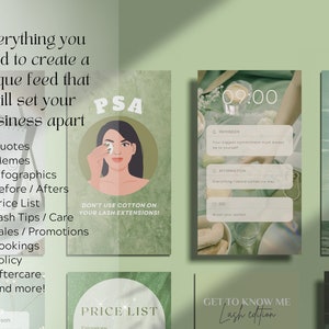 May include: A collage of images promoting lash extension services. The images include a price list, a reminder to not use cotton on lash extensions, a daily planner, and a calendar. The text "PSA" is featured in a green circle.