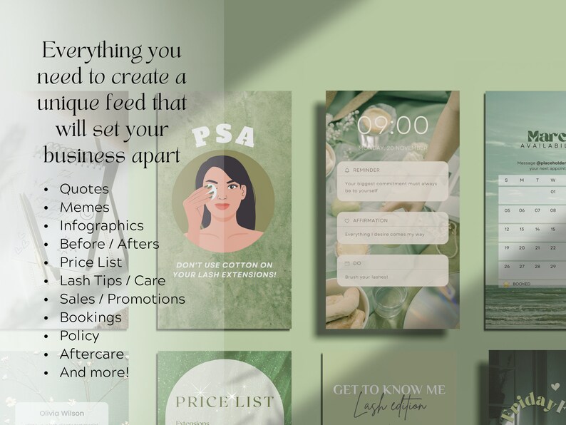 May include: A collage of images promoting lash extension services. The images include a price list, a reminder to not use cotton on lash extensions, a daily planner, and a calendar. The text "PSA" is featured in a green circle.