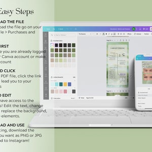 May include: A laptop computer screen displaying a Canva design template for an eyelash lift timeline. The template features a light green background with a purple and white design. The laptop is on a green surface. A smartphone is next to the laptop, also displaying a Canva design template. The smartphone template features a light green background with a purple and white design. The smartphone is displaying a close-up of an eye with eyelashes. The text on the laptop screen reads "LASH LIFT TIMELINE".