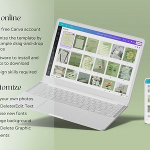 May include: A laptop and a smartphone displaying a Canva design template with a green and white color scheme. The text on the screen reads "Create free Canva account. Customize the template by using simple drag-and-drop interface. No software to install and no fonts to download. No design skills required."