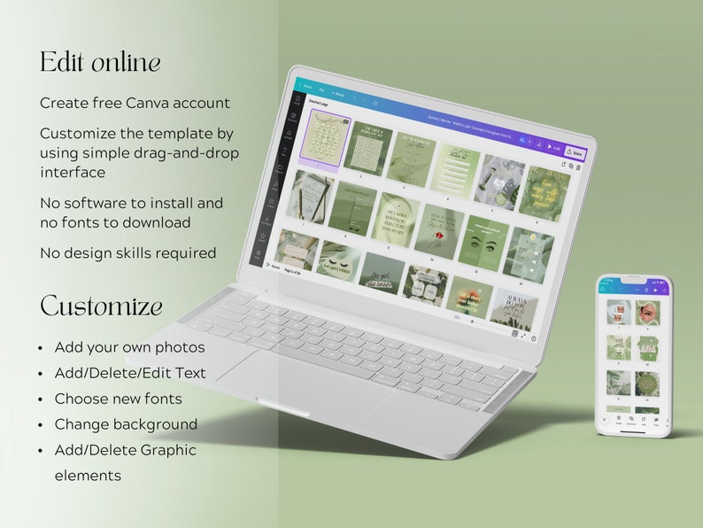 May include: A laptop and a smartphone displaying a Canva design template with a green and white color scheme. The text on the screen reads "Create free Canva account. Customize the template by using simple drag-and-drop interface. No software to install and no fonts to download. No design skills required."